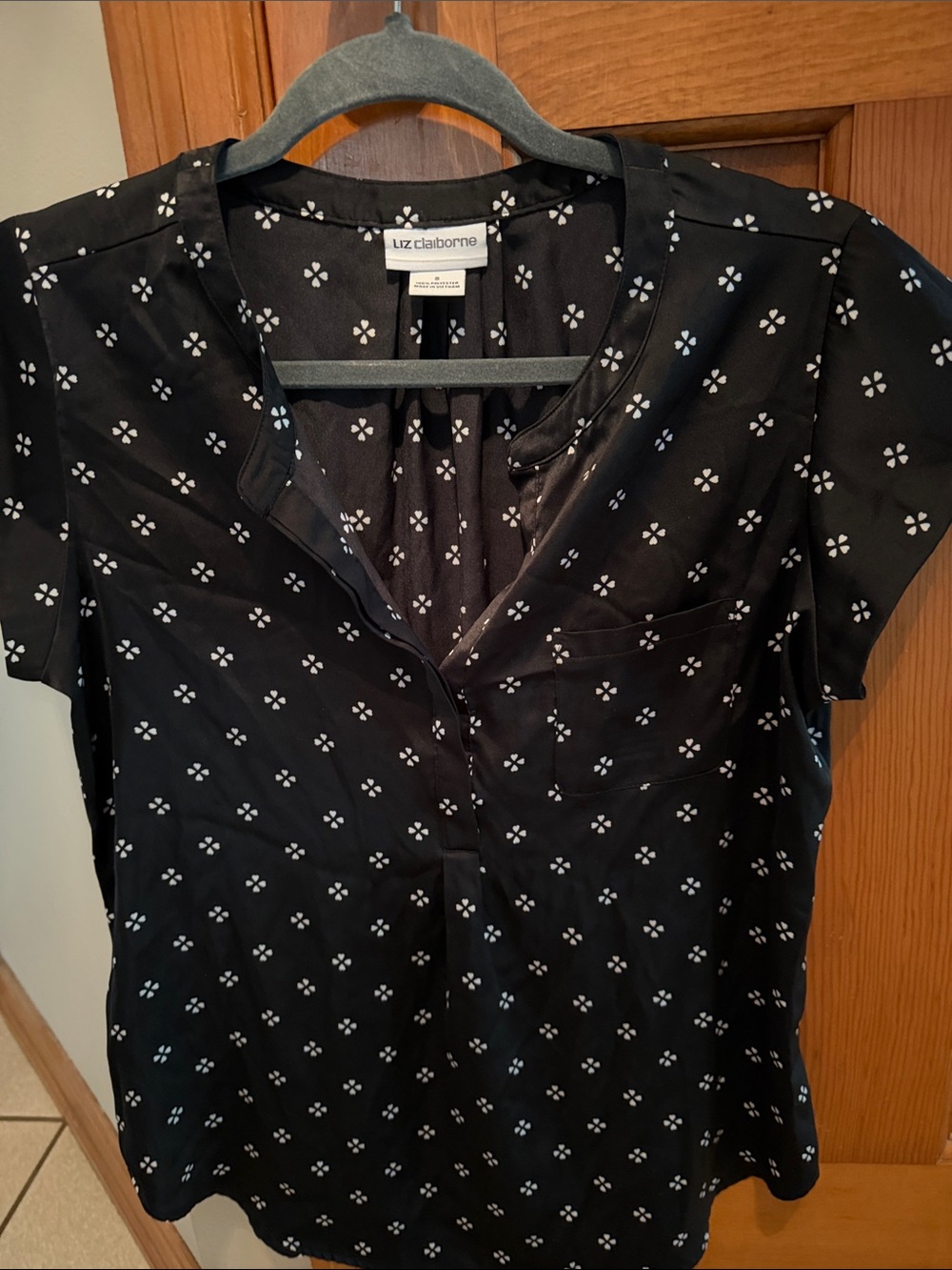 Liz Claiborne Black Blouse with White Floral Dots